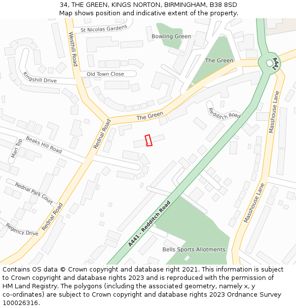 34, THE GREEN, KINGS NORTON, BIRMINGHAM, B38 8SD: Location map and indicative extent of plot