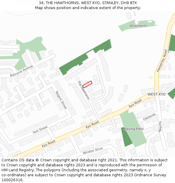 34, THE HAWTHORNS, WEST KYO, STANLEY, DH9 8TX: Location map and indicative extent of plot