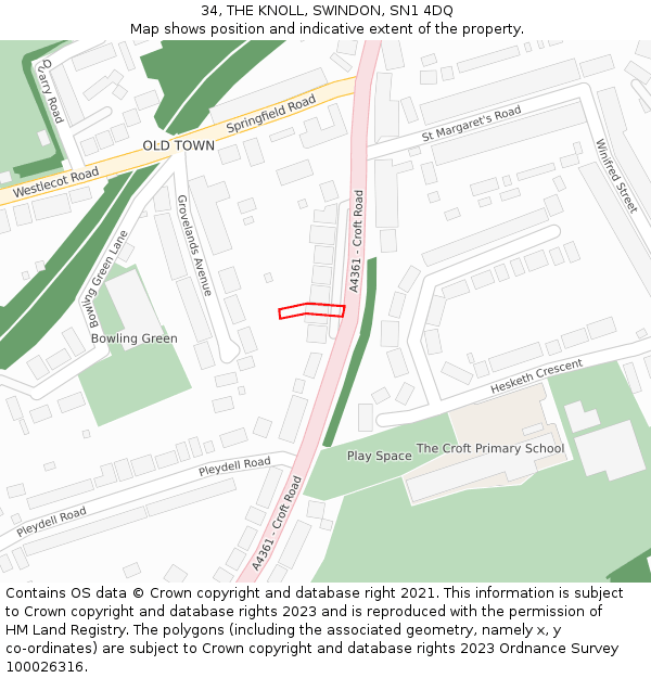 34, THE KNOLL, SWINDON, SN1 4DQ: Location map and indicative extent of plot