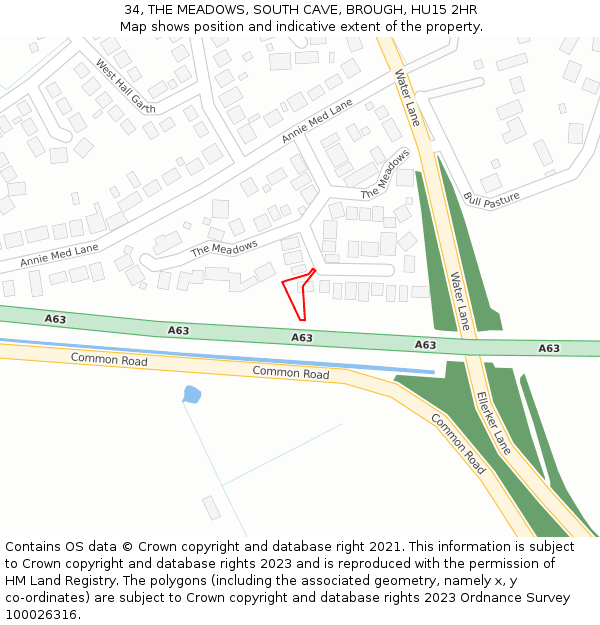 34, THE MEADOWS, SOUTH CAVE, BROUGH, HU15 2HR: Location map and indicative extent of plot
