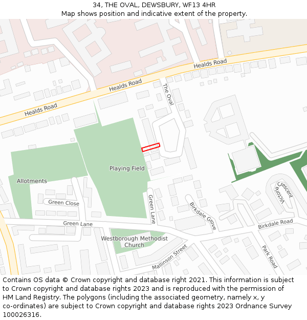 34, THE OVAL, DEWSBURY, WF13 4HR: Location map and indicative extent of plot
