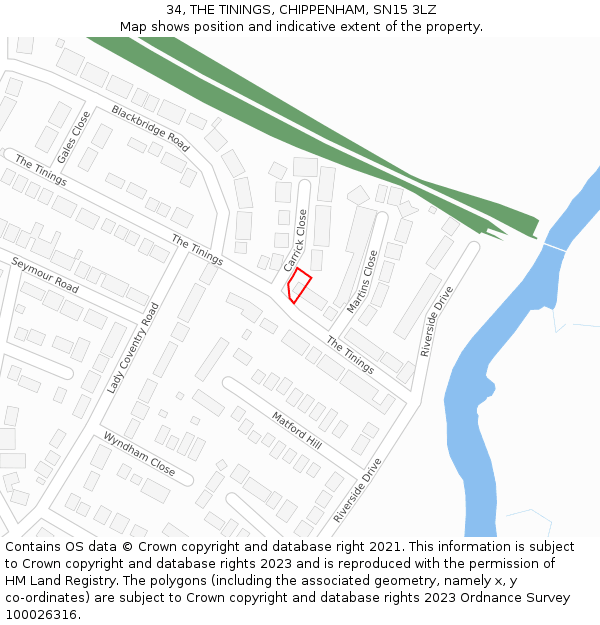 34, THE TININGS, CHIPPENHAM, SN15 3LZ: Location map and indicative extent of plot