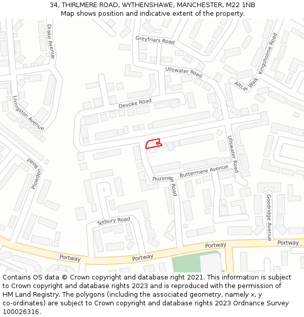 34, THIRLMERE ROAD, WYTHENSHAWE, MANCHESTER, M22 1NB: Location map and indicative extent of plot