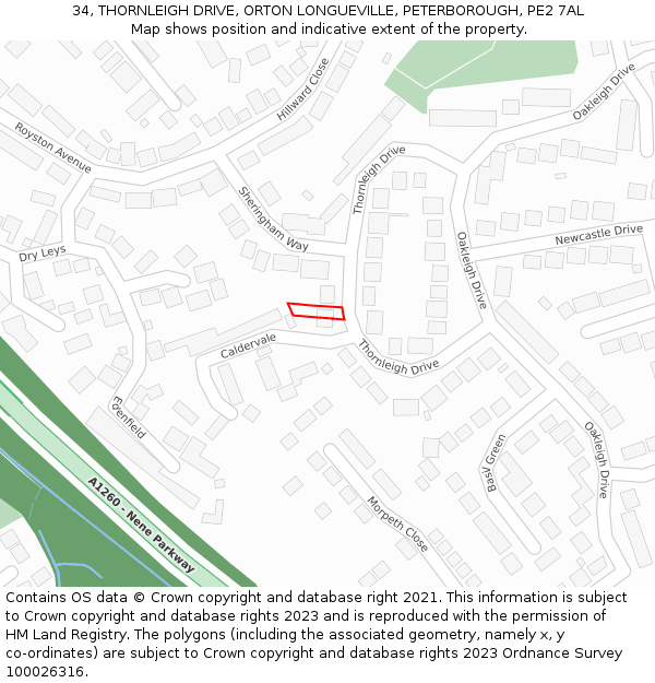 34, THORNLEIGH DRIVE, ORTON LONGUEVILLE, PETERBOROUGH, PE2 7AL: Location map and indicative extent of plot
