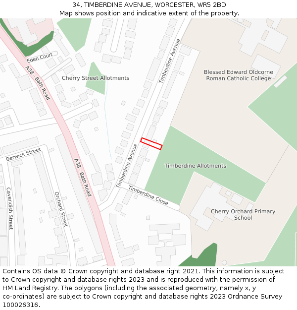 34, TIMBERDINE AVENUE, WORCESTER, WR5 2BD: Location map and indicative extent of plot