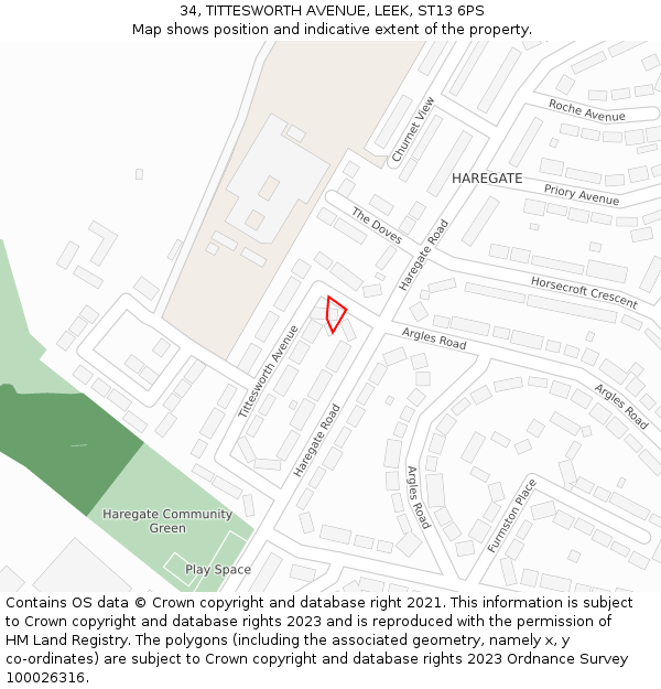 34, TITTESWORTH AVENUE, LEEK, ST13 6PS: Location map and indicative extent of plot