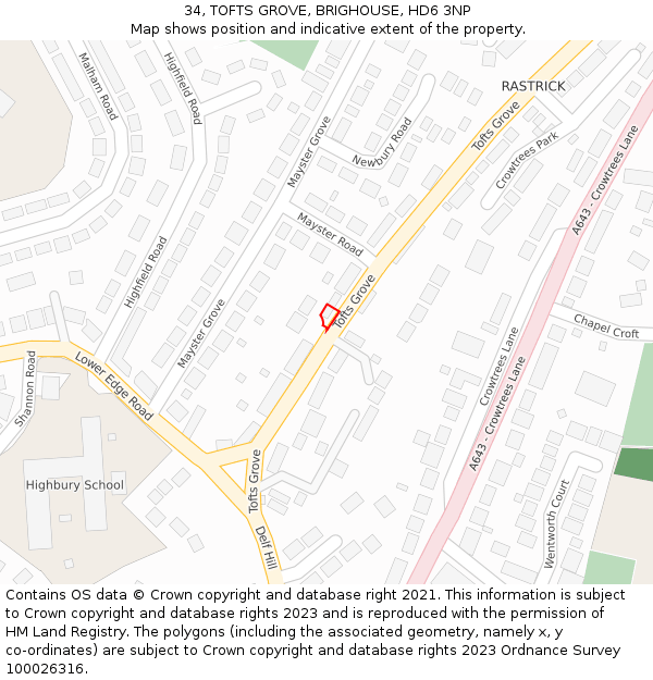 34, TOFTS GROVE, BRIGHOUSE, HD6 3NP: Location map and indicative extent of plot