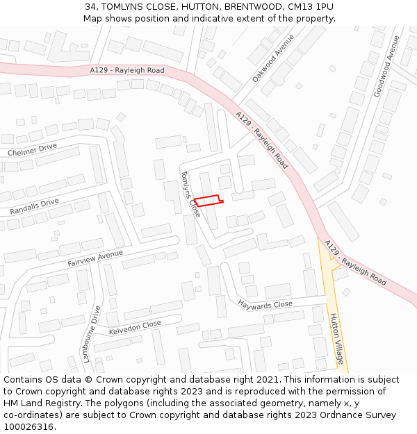 34, TOMLYNS CLOSE, HUTTON, BRENTWOOD, CM13 1PU: Location map and indicative extent of plot