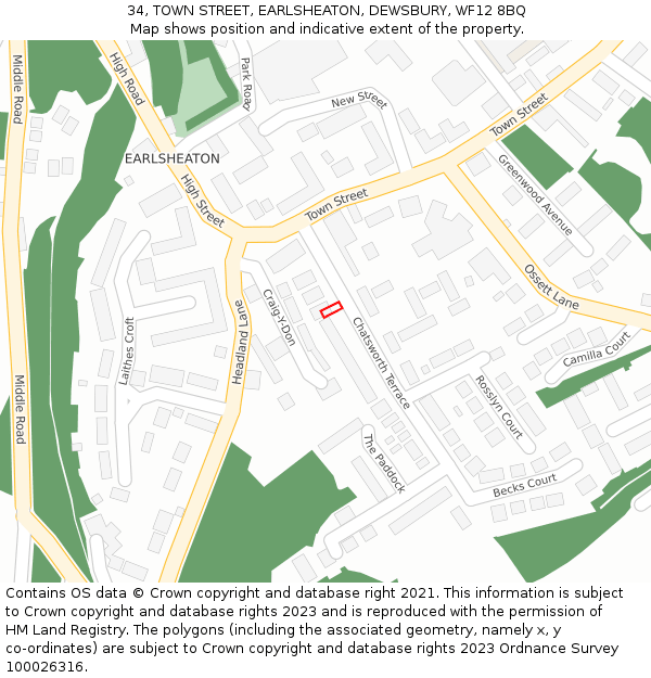 34, TOWN STREET, EARLSHEATON, DEWSBURY, WF12 8BQ: Location map and indicative extent of plot