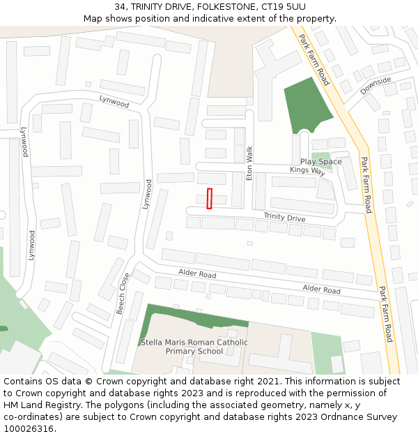 34, TRINITY DRIVE, FOLKESTONE, CT19 5UU: Location map and indicative extent of plot