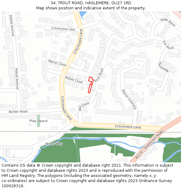 34, TROUT ROAD, HASLEMERE, GU27 1RD: Location map and indicative extent of plot