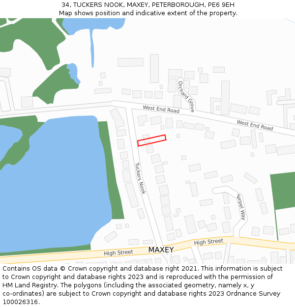 34, TUCKERS NOOK, MAXEY, PETERBOROUGH, PE6 9EH: Location map and indicative extent of plot
