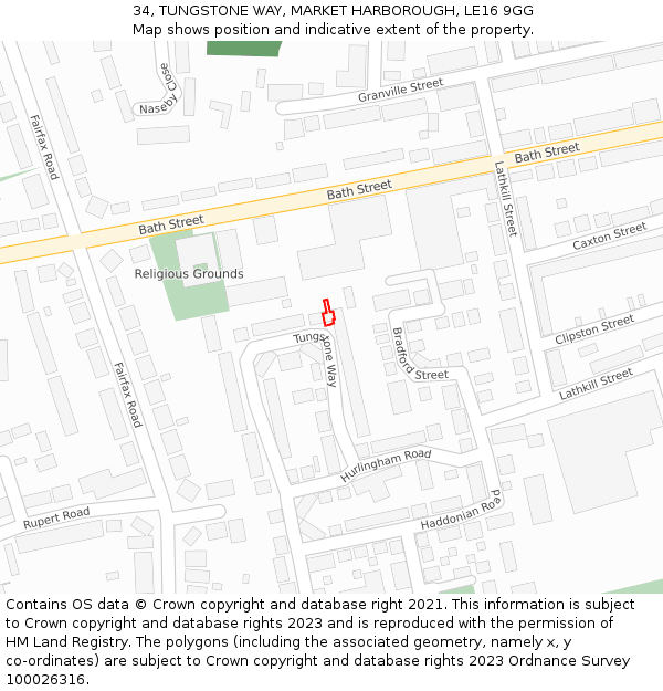 34, TUNGSTONE WAY, MARKET HARBOROUGH, LE16 9GG: Location map and indicative extent of plot
