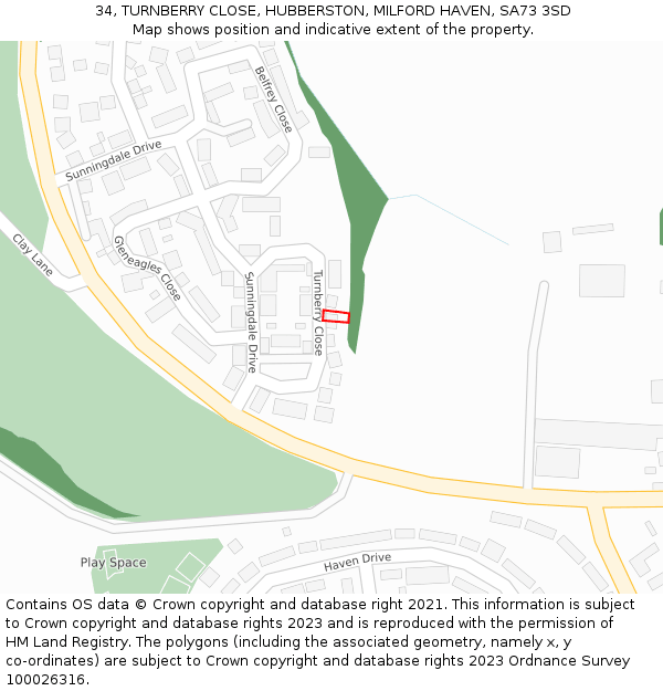34, TURNBERRY CLOSE, HUBBERSTON, MILFORD HAVEN, SA73 3SD: Location map and indicative extent of plot