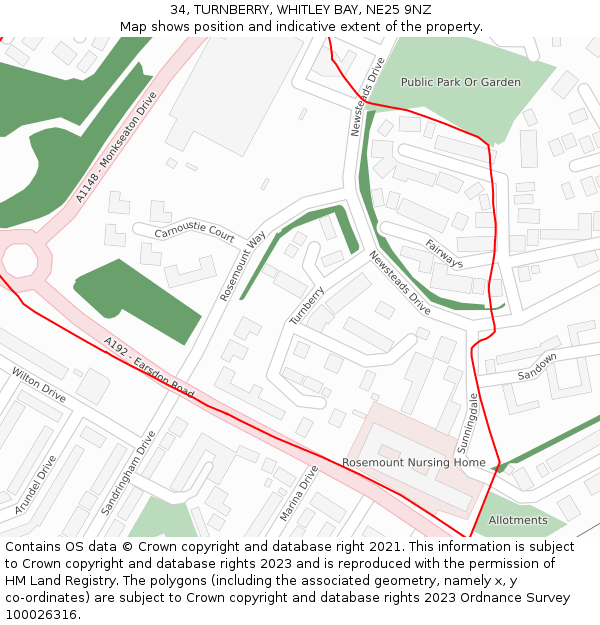 34, TURNBERRY, WHITLEY BAY, NE25 9NZ: Location map and indicative extent of plot
