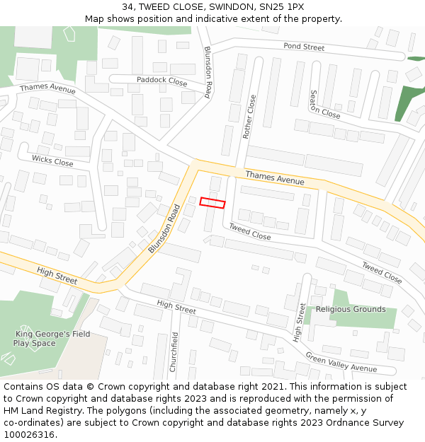 34, TWEED CLOSE, SWINDON, SN25 1PX: Location map and indicative extent of plot