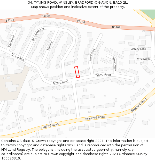 34, TYNING ROAD, WINSLEY, BRADFORD-ON-AVON, BA15 2JL: Location map and indicative extent of plot