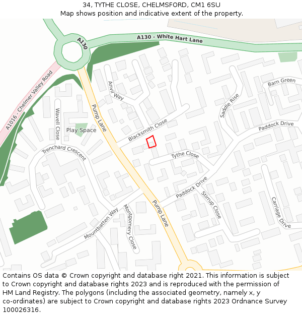 34, TYTHE CLOSE, CHELMSFORD, CM1 6SU: Location map and indicative extent of plot