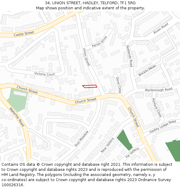 34, UNION STREET, HADLEY, TELFORD, TF1 5RG: Location map and indicative extent of plot