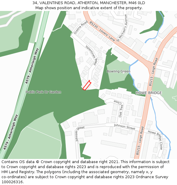 34, VALENTINES ROAD, ATHERTON, MANCHESTER, M46 0LD: Location map and indicative extent of plot