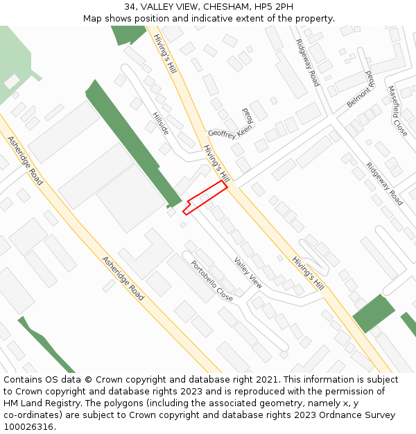 34, VALLEY VIEW, CHESHAM, HP5 2PH: Location map and indicative extent of plot