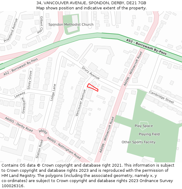 34, VANCOUVER AVENUE, SPONDON, DERBY, DE21 7GB: Location map and indicative extent of plot