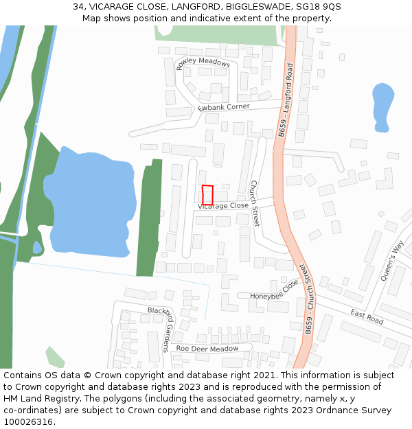 34, VICARAGE CLOSE, LANGFORD, BIGGLESWADE, SG18 9QS: Location map and indicative extent of plot
