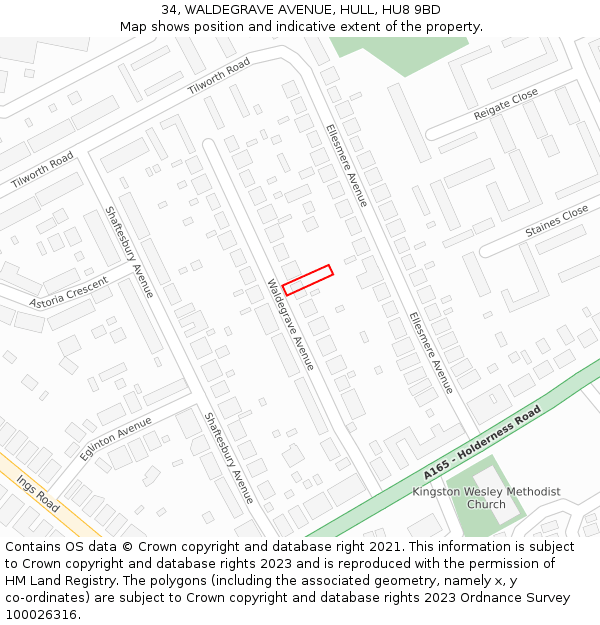 34, WALDEGRAVE AVENUE, HULL, HU8 9BD: Location map and indicative extent of plot