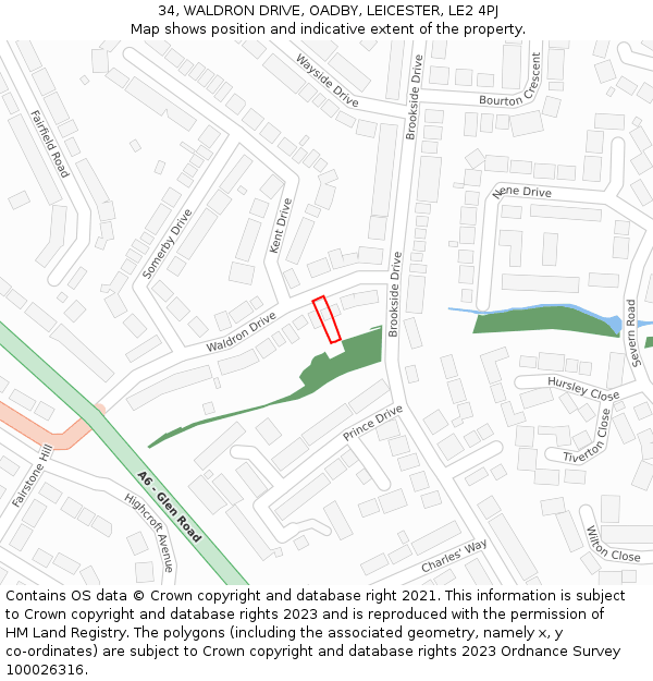 34, WALDRON DRIVE, OADBY, LEICESTER, LE2 4PJ: Location map and indicative extent of plot