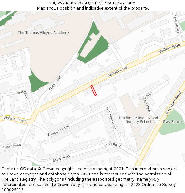 34, WALKERN ROAD, STEVENAGE, SG1 3RA: Location map and indicative extent of plot