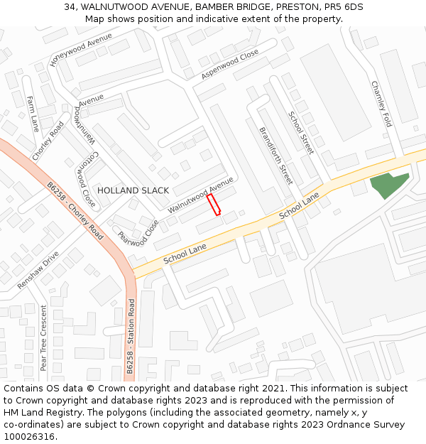 34, WALNUTWOOD AVENUE, BAMBER BRIDGE, PRESTON, PR5 6DS: Location map and indicative extent of plot