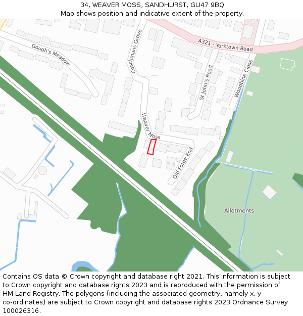 34, WEAVER MOSS, SANDHURST, GU47 9BQ: Location map and indicative extent of plot