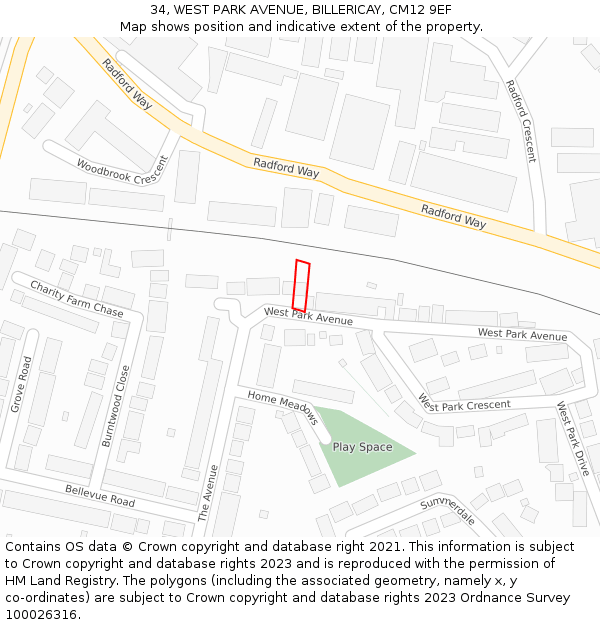 34, WEST PARK AVENUE, BILLERICAY, CM12 9EF: Location map and indicative extent of plot