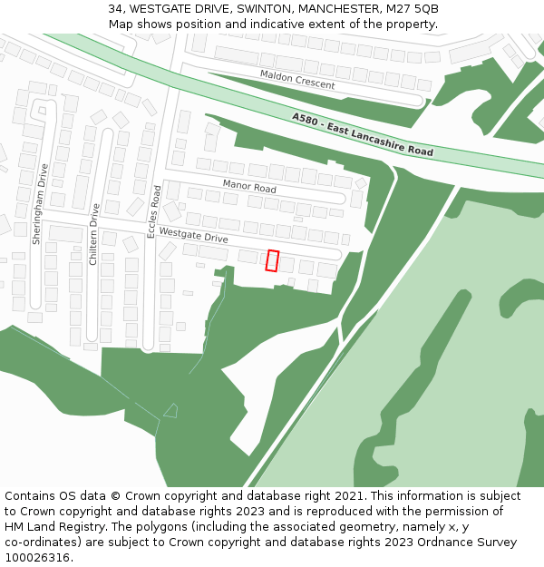34, WESTGATE DRIVE, SWINTON, MANCHESTER, M27 5QB: Location map and indicative extent of plot