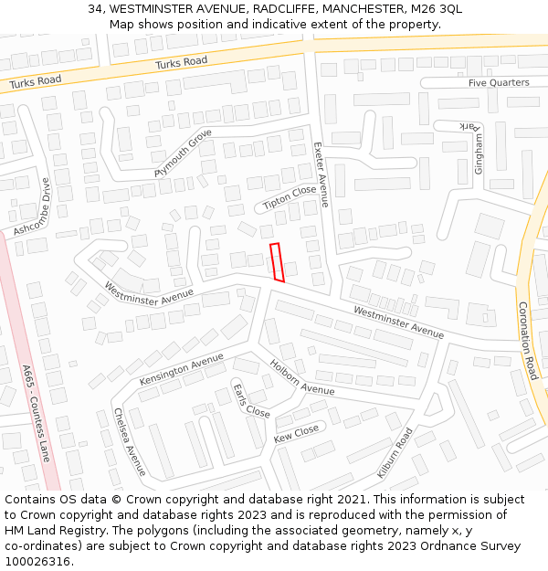 34, WESTMINSTER AVENUE, RADCLIFFE, MANCHESTER, M26 3QL: Location map and indicative extent of plot