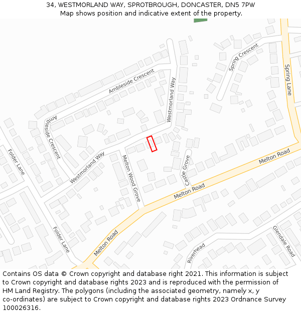 34, WESTMORLAND WAY, SPROTBROUGH, DONCASTER, DN5 7PW: Location map and indicative extent of plot