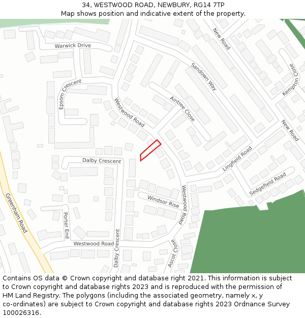 34, WESTWOOD ROAD, NEWBURY, RG14 7TP: Location map and indicative extent of plot