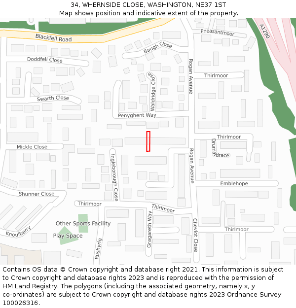 34, WHERNSIDE CLOSE, WASHINGTON, NE37 1ST: Location map and indicative extent of plot