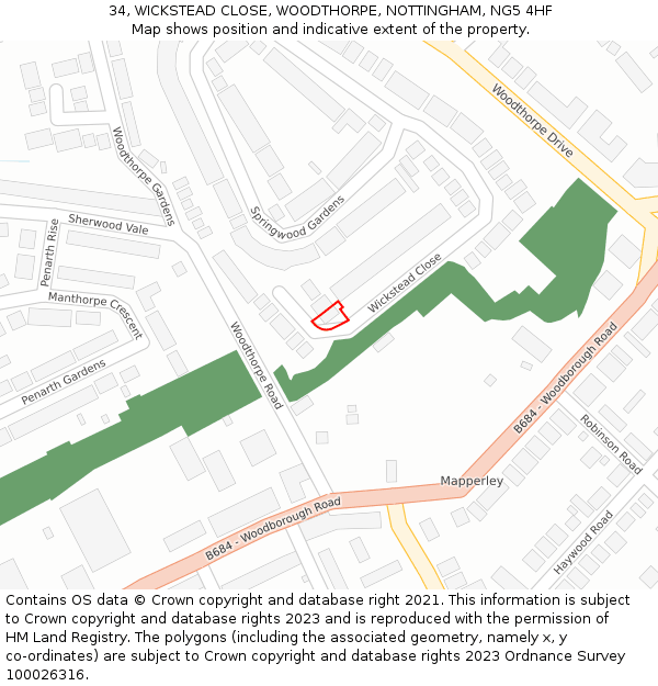 34, WICKSTEAD CLOSE, WOODTHORPE, NOTTINGHAM, NG5 4HF: Location map and indicative extent of plot