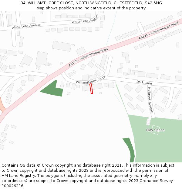 34, WILLIAMTHORPE CLOSE, NORTH WINGFIELD, CHESTERFIELD, S42 5NG: Location map and indicative extent of plot