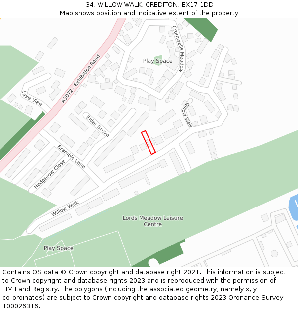 34, WILLOW WALK, CREDITON, EX17 1DD: Location map and indicative extent of plot