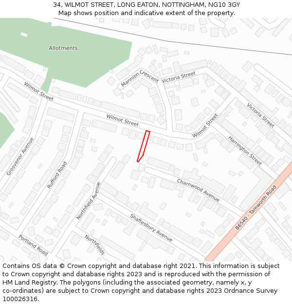 34, WILMOT STREET, LONG EATON, NOTTINGHAM, NG10 3GY: Location map and indicative extent of plot