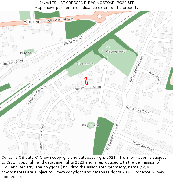 34, WILTSHIRE CRESCENT, BASINGSTOKE, RG22 5FE: Location map and indicative extent of plot