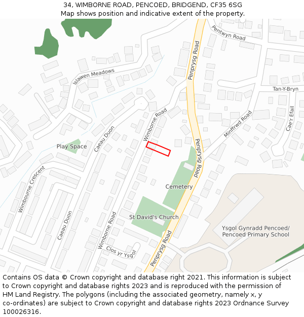 34, WIMBORNE ROAD, PENCOED, BRIDGEND, CF35 6SG: Location map and indicative extent of plot