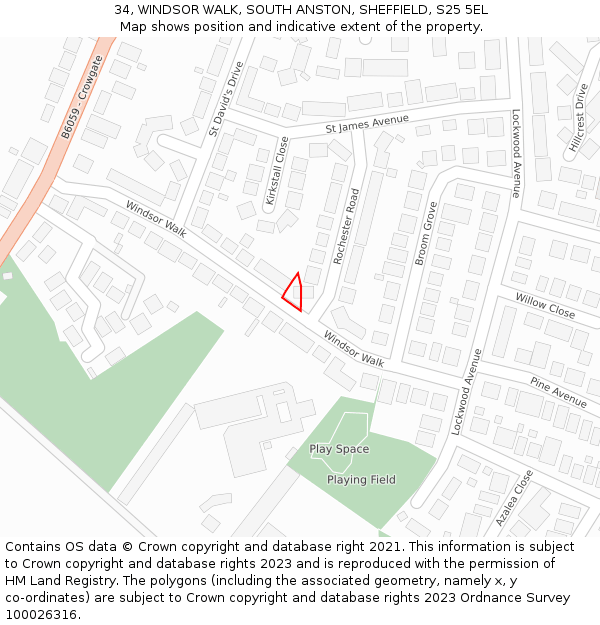 34, WINDSOR WALK, SOUTH ANSTON, SHEFFIELD, S25 5EL: Location map and indicative extent of plot