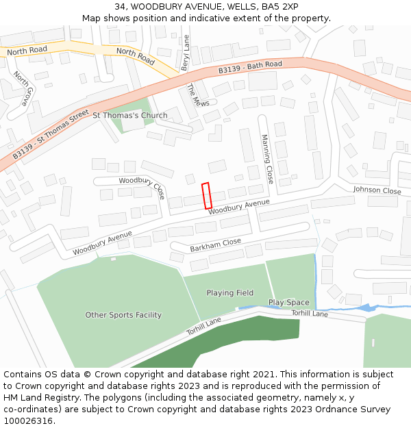34, WOODBURY AVENUE, WELLS, BA5 2XP: Location map and indicative extent of plot