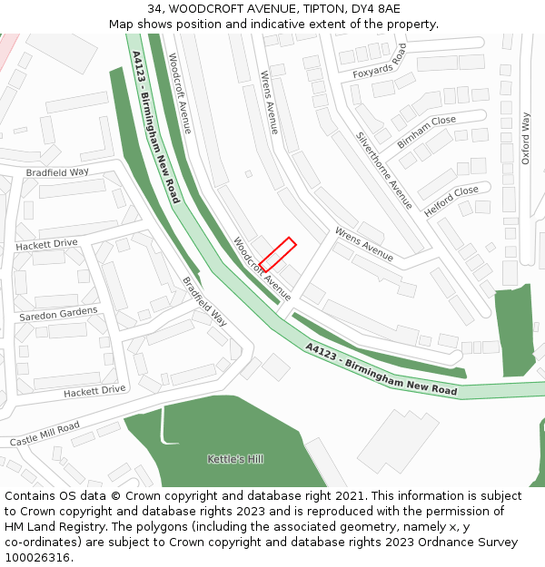 34, WOODCROFT AVENUE, TIPTON, DY4 8AE: Location map and indicative extent of plot