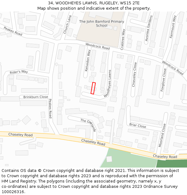 34, WOODHEYES LAWNS, RUGELEY, WS15 2TE: Location map and indicative extent of plot
