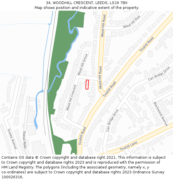 34, WOODHILL CRESCENT, LEEDS, LS16 7BX: Location map and indicative extent of plot