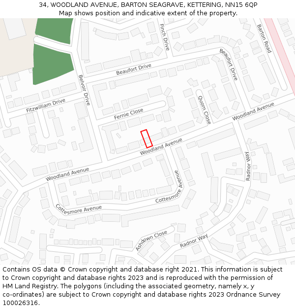 34, WOODLAND AVENUE, BARTON SEAGRAVE, KETTERING, NN15 6QP: Location map and indicative extent of plot